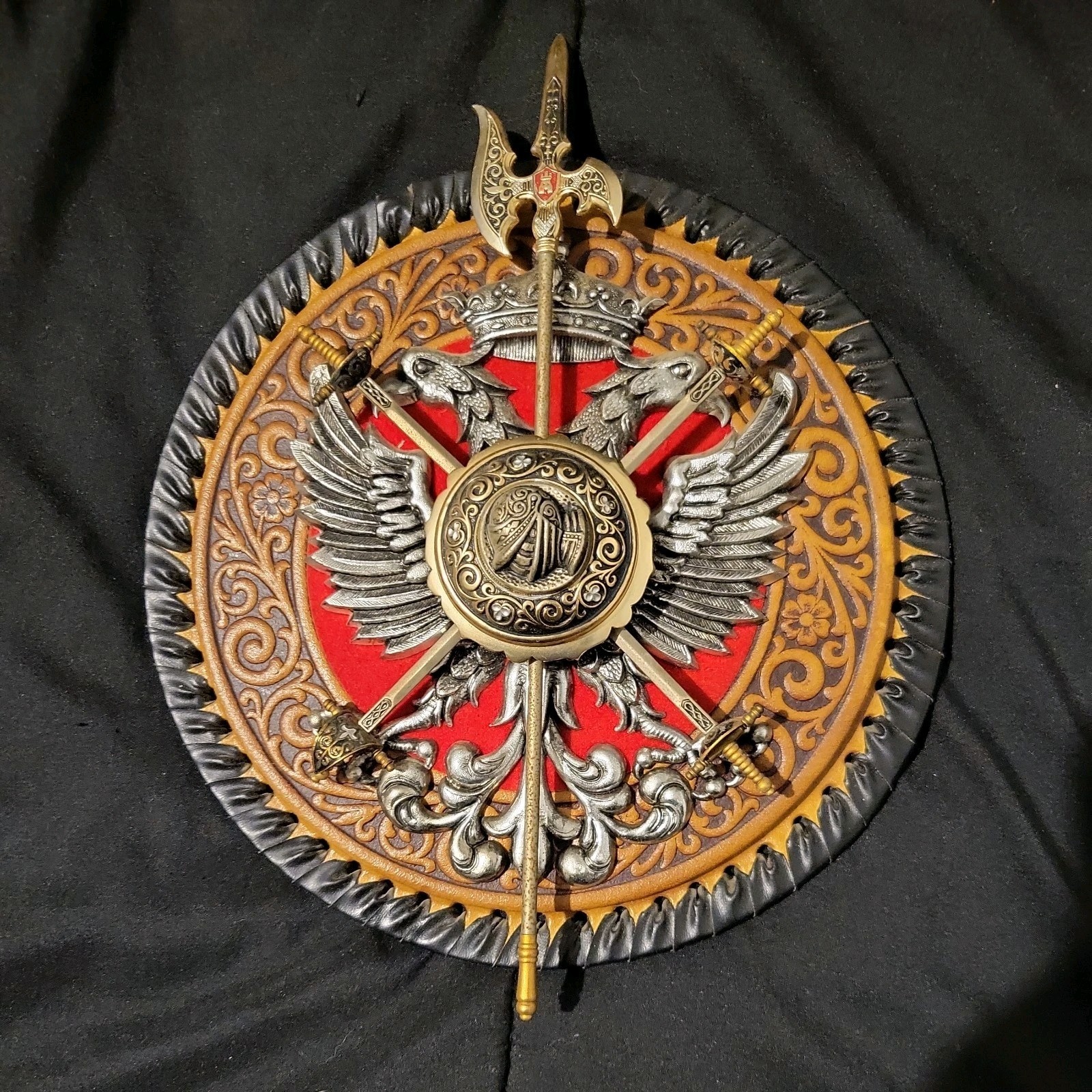 Nordic Wall Art with Mini Swords Leather Material Russian Poland Eagles Ornate