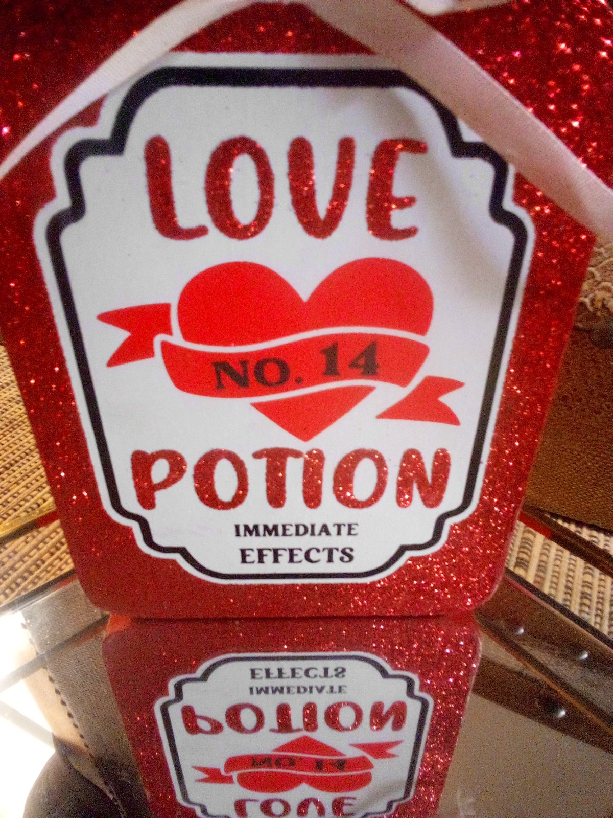 Red & Sparkling Love Potion Bottle, Wood. 8×5 In