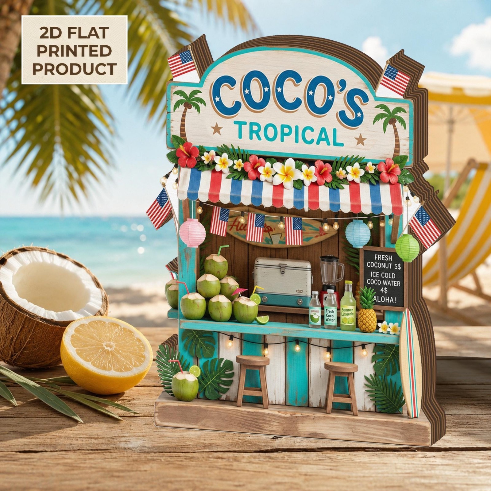 Tropical Summer 2D Flat Wooden Block Patriotic Beach Bar Coastal Shelf Sitter