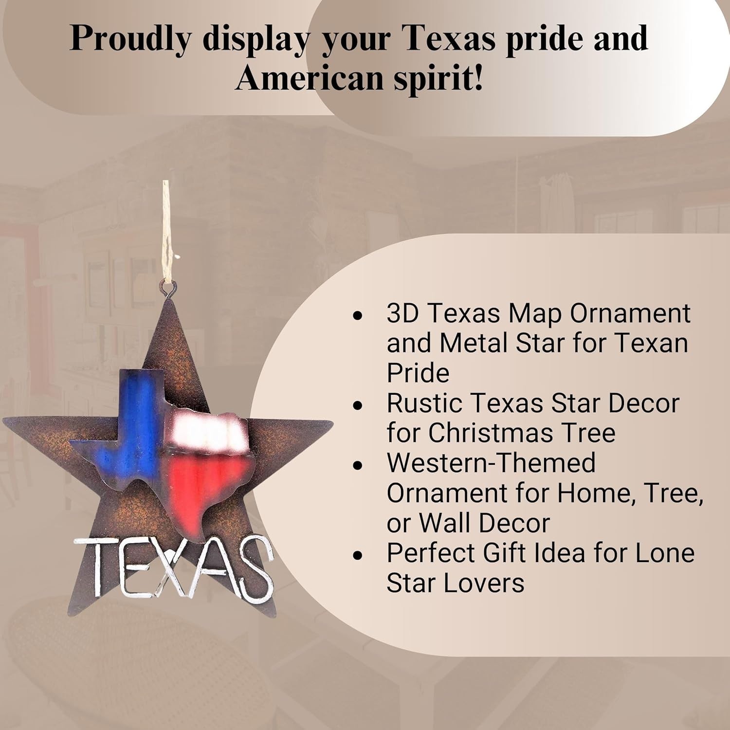 1-Piece Metal Star with Texas Map Ornament Rustic Style Gift Idea Western Lon…