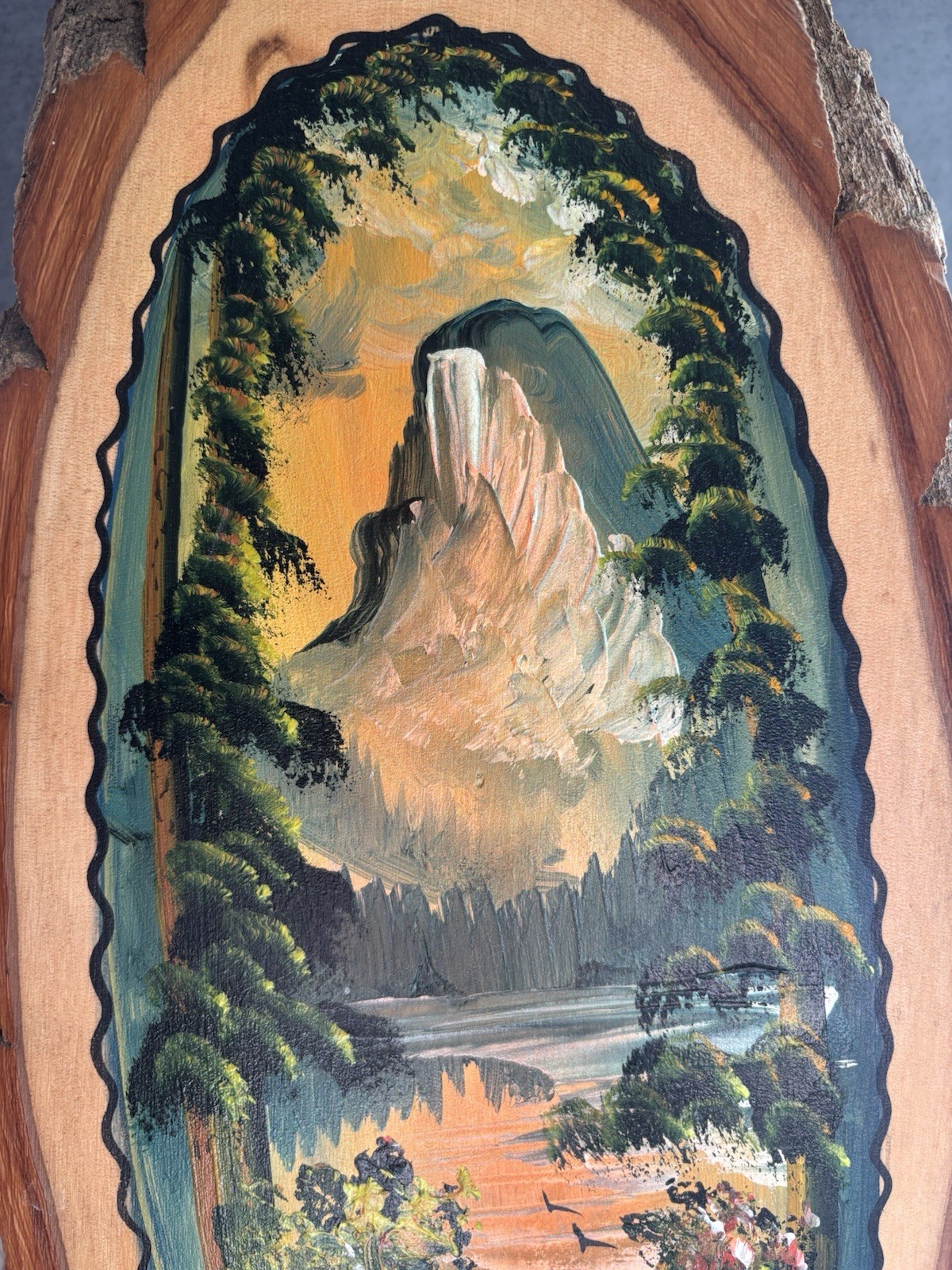 Hand Painted Rustic Wood Plaque Banff 1976 Mountain Landscape 20in Large