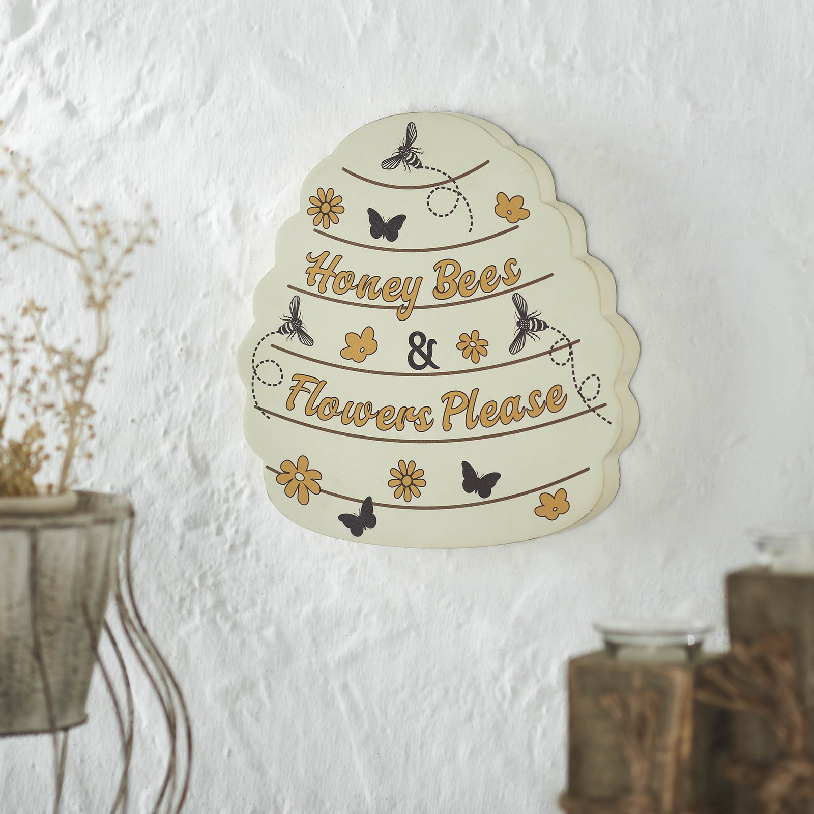 Buzzy Bees Honey Bees & Flower Please Bee Hive MDF Wall Sign 11x11x1 VHC Brands