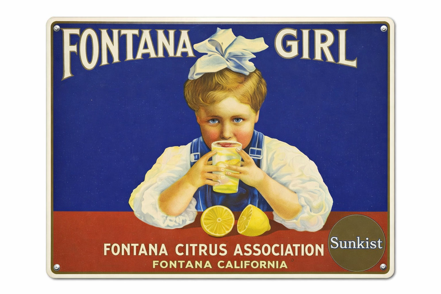 Fontana Girl Brand Lemons California Retro Fruit Crate Label 8×12 Metal Sign