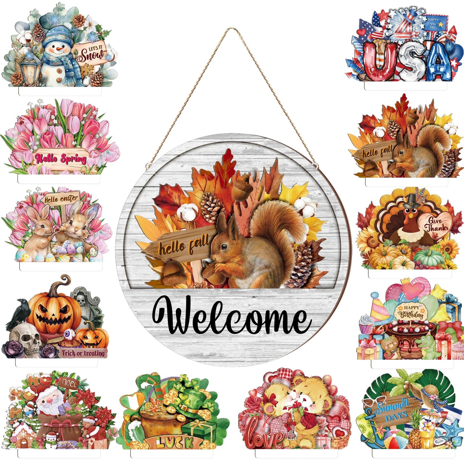 13PCS Interchangeable Seasonal Welcome Sign for Front Door, 12 Inch Rustic Round