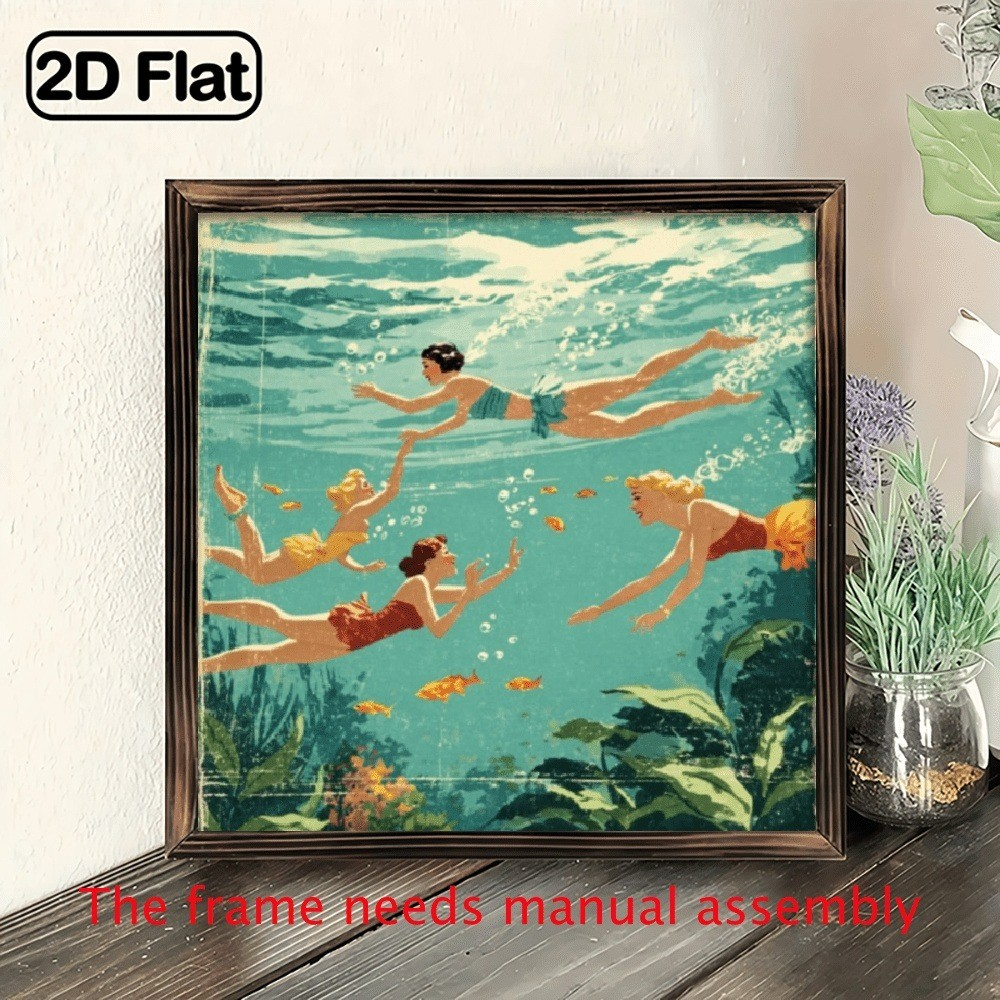 Vintage Woman Swimming with Fish Wooden Plaque Coastal Home Bathroom Decor