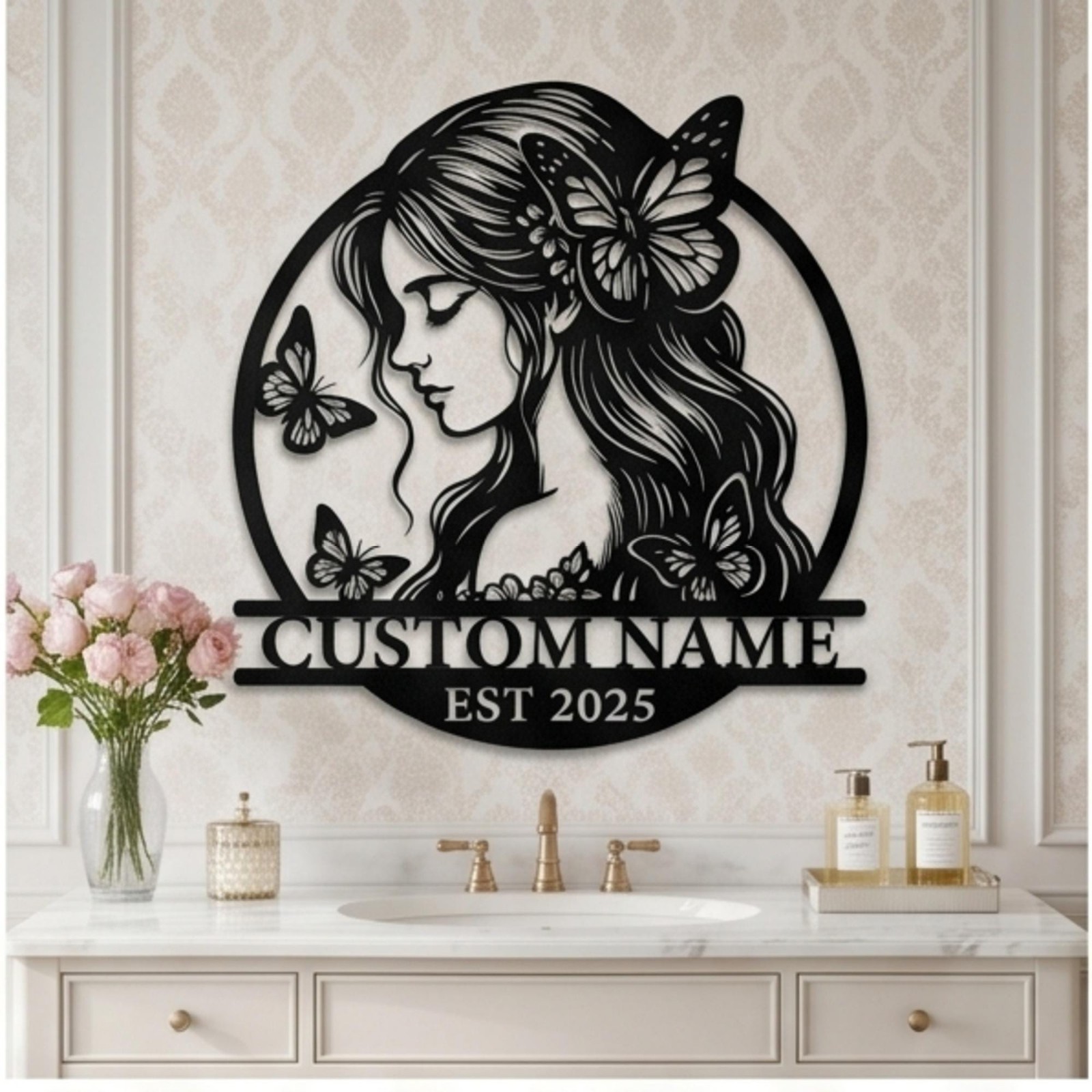 Customized Butterfly Girl Sign, Elegant Female Silhouette Decor