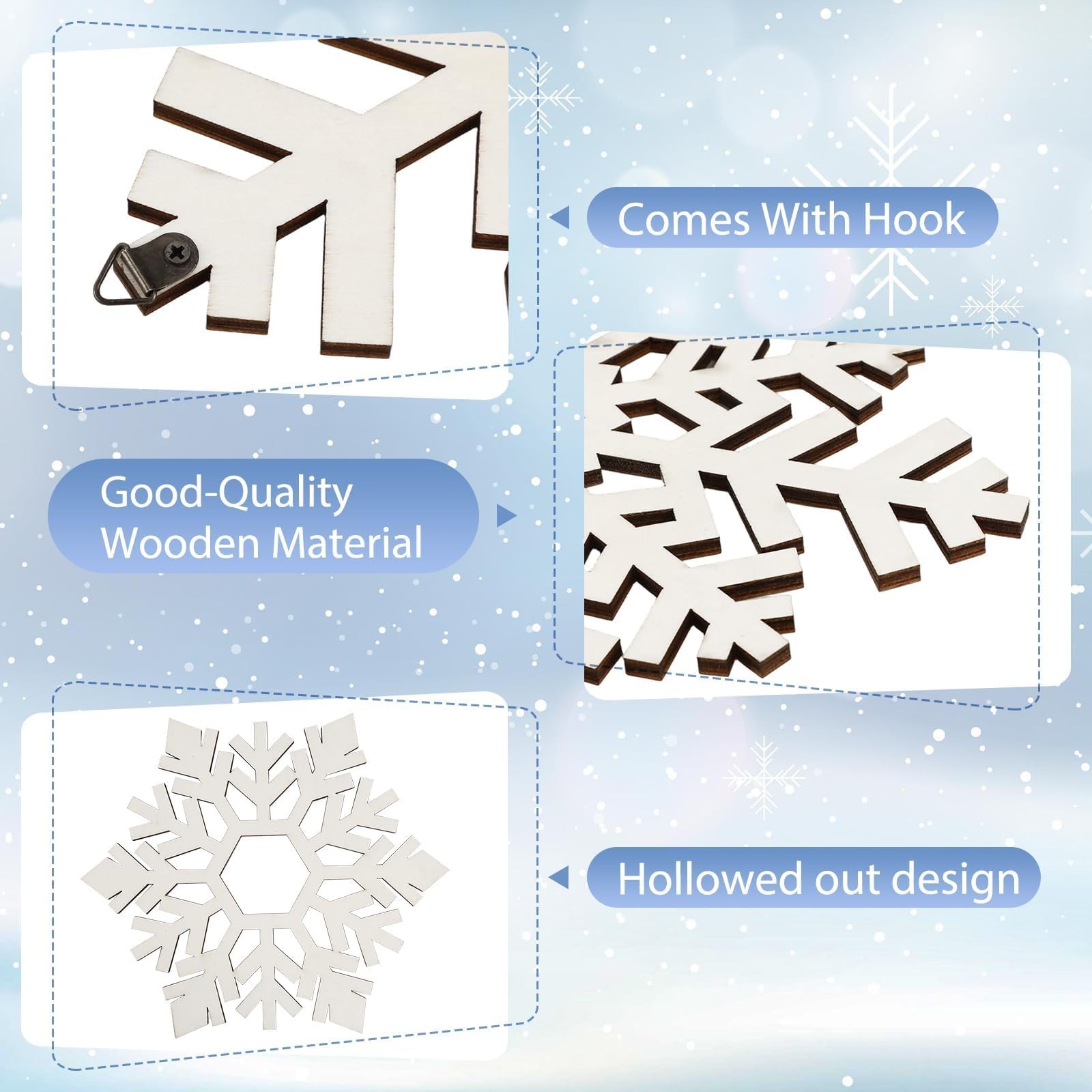 8 Pcs Wooden Snowflake Wall Decor, 3 Sizes Large White Wood Hollow Snowflakes…