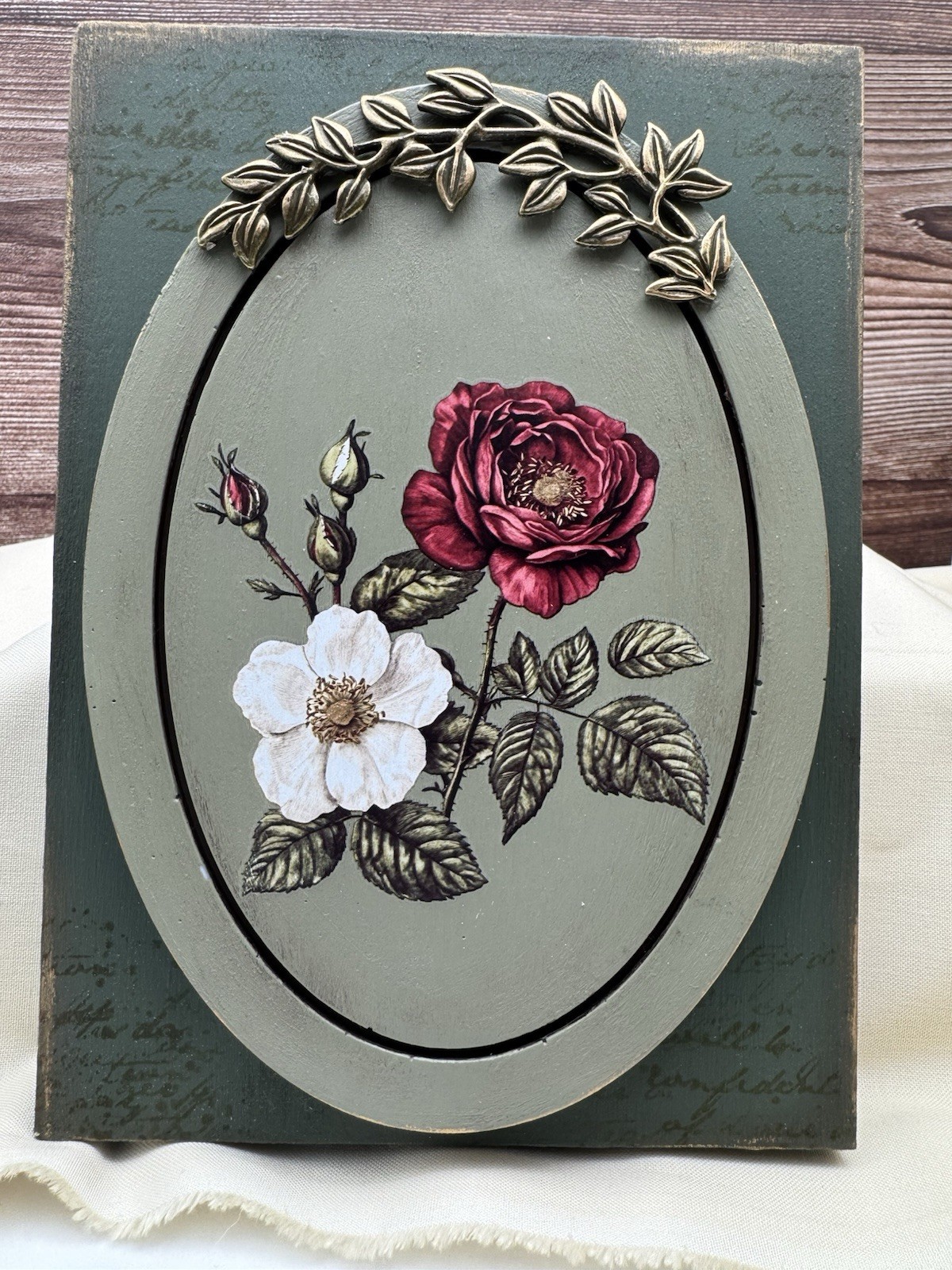 Vintage Rose Floral Wall Hanging Green Plaque Cottage Decor Handmade 5.5×7.5