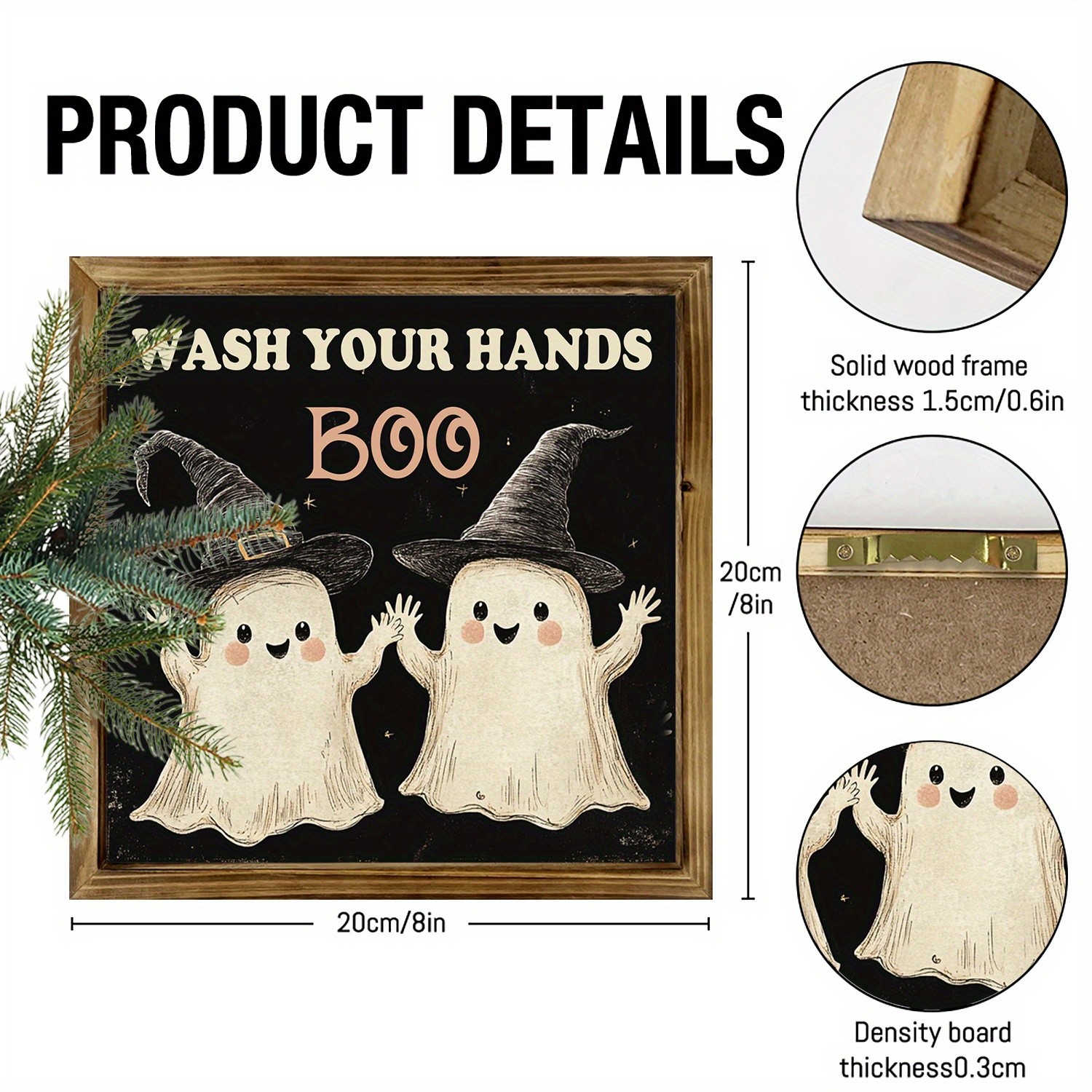 Wooden Frame Print Wash Your Hands Boo Ghost Witch Hat Halloween Wall Decor