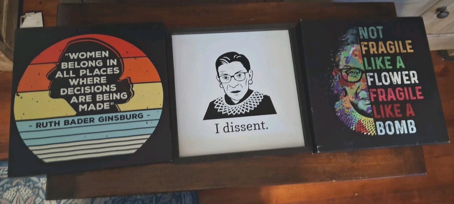 Set of 3 Framed Canvas Quote Plaques RBG, Square Modern Graphic Print, Feminism