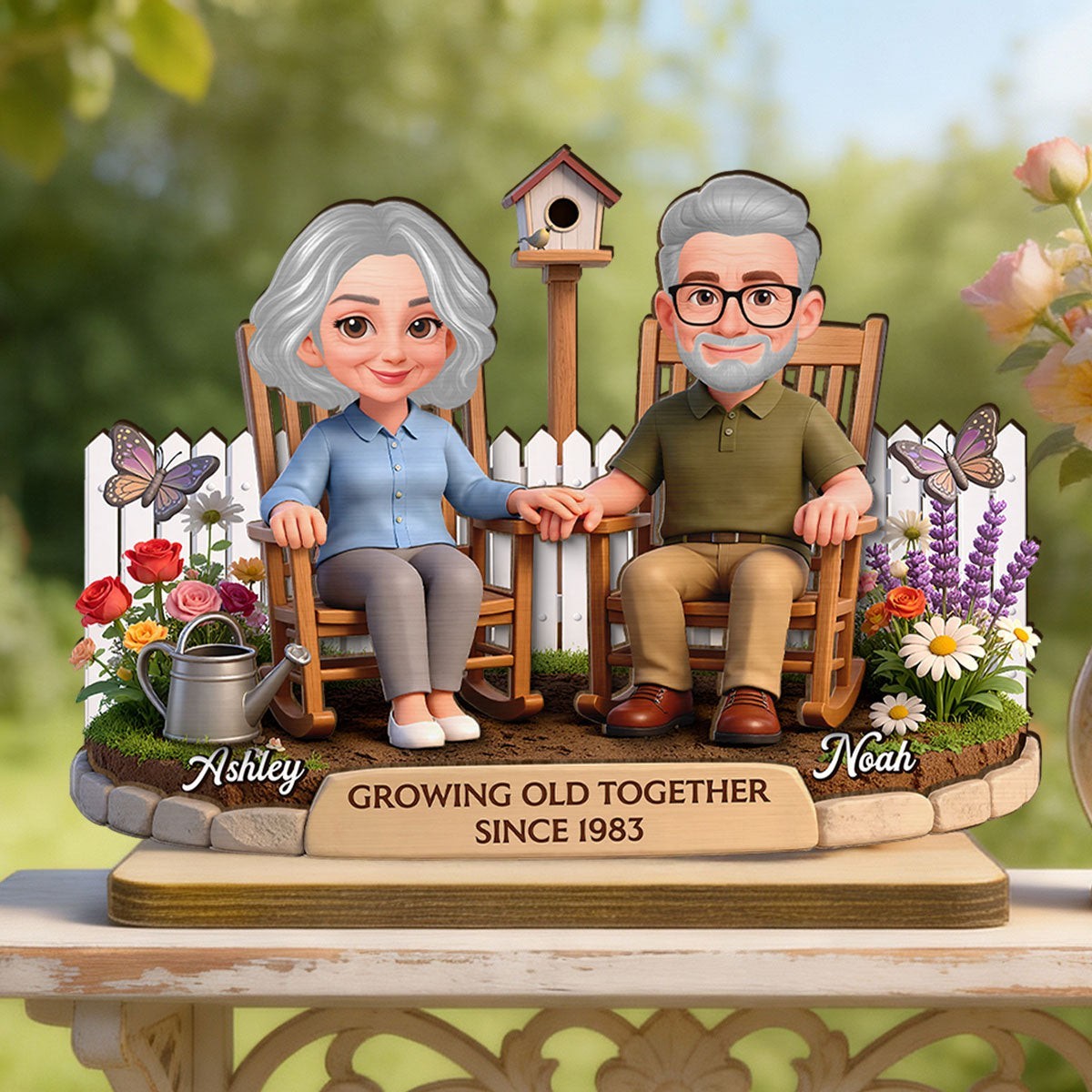 Custom Photo Couple 2-Layer Wooden Block, Growing Old Together Anniversary Gift