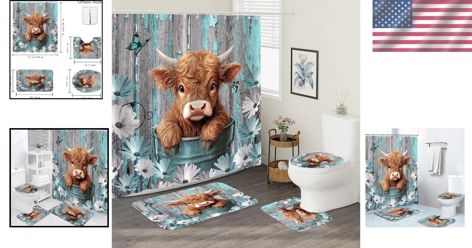 Highland Cow Bathroom Set – Farmhouse Decor 4 Pc//