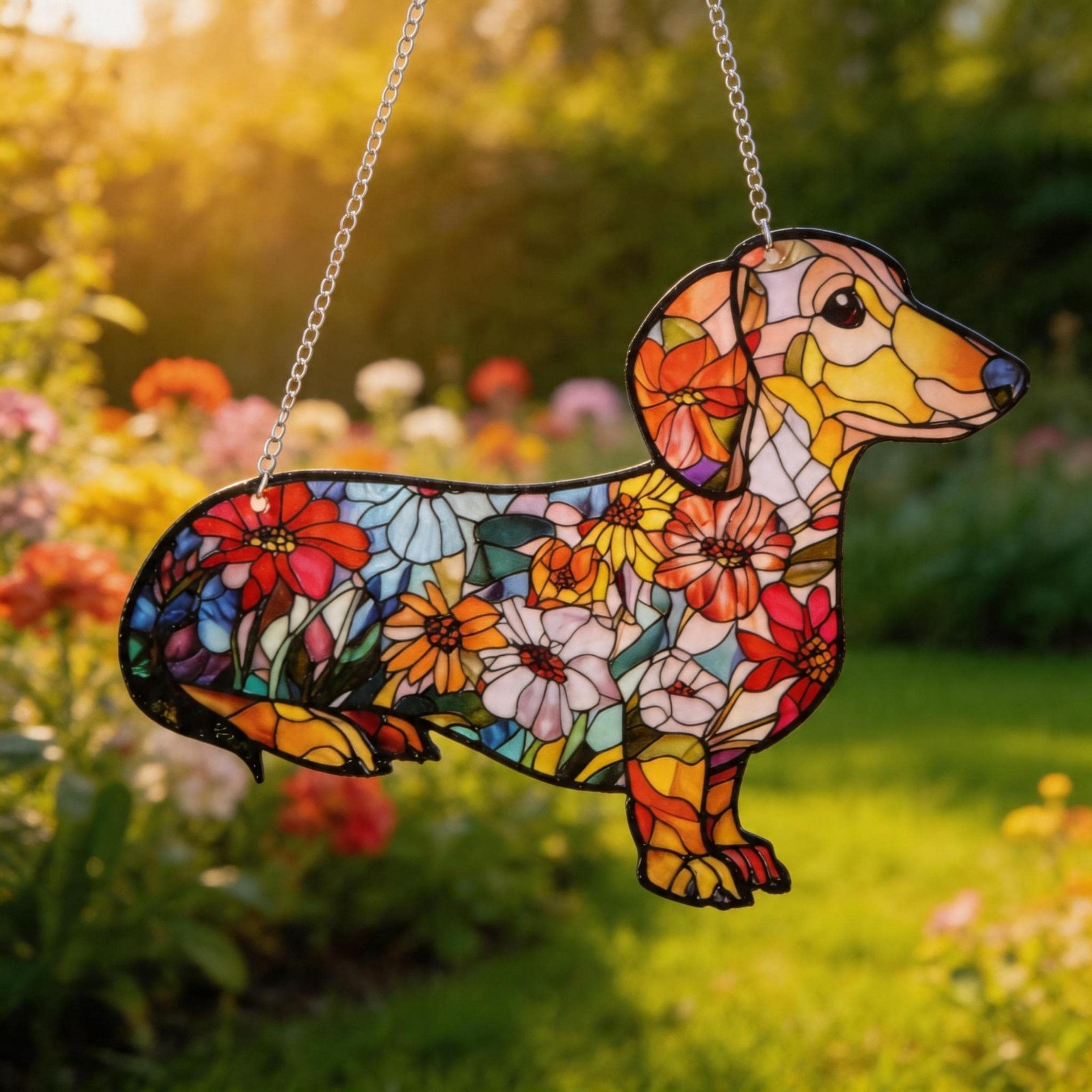 Stained Glass Dachshund Suncatcher – Floral Dog Window Hanging & Gift