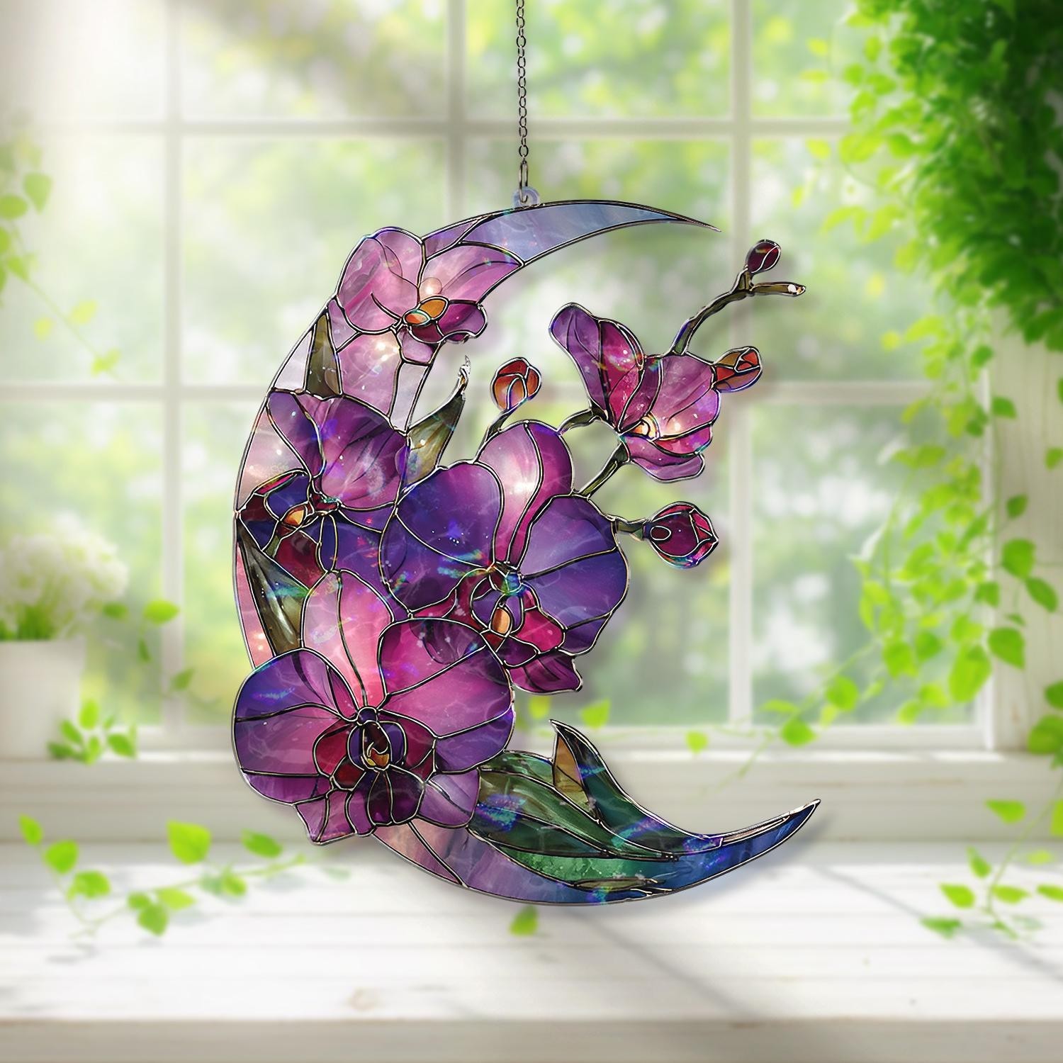 Crescent Moon Orchid Acrylic Suncatcher