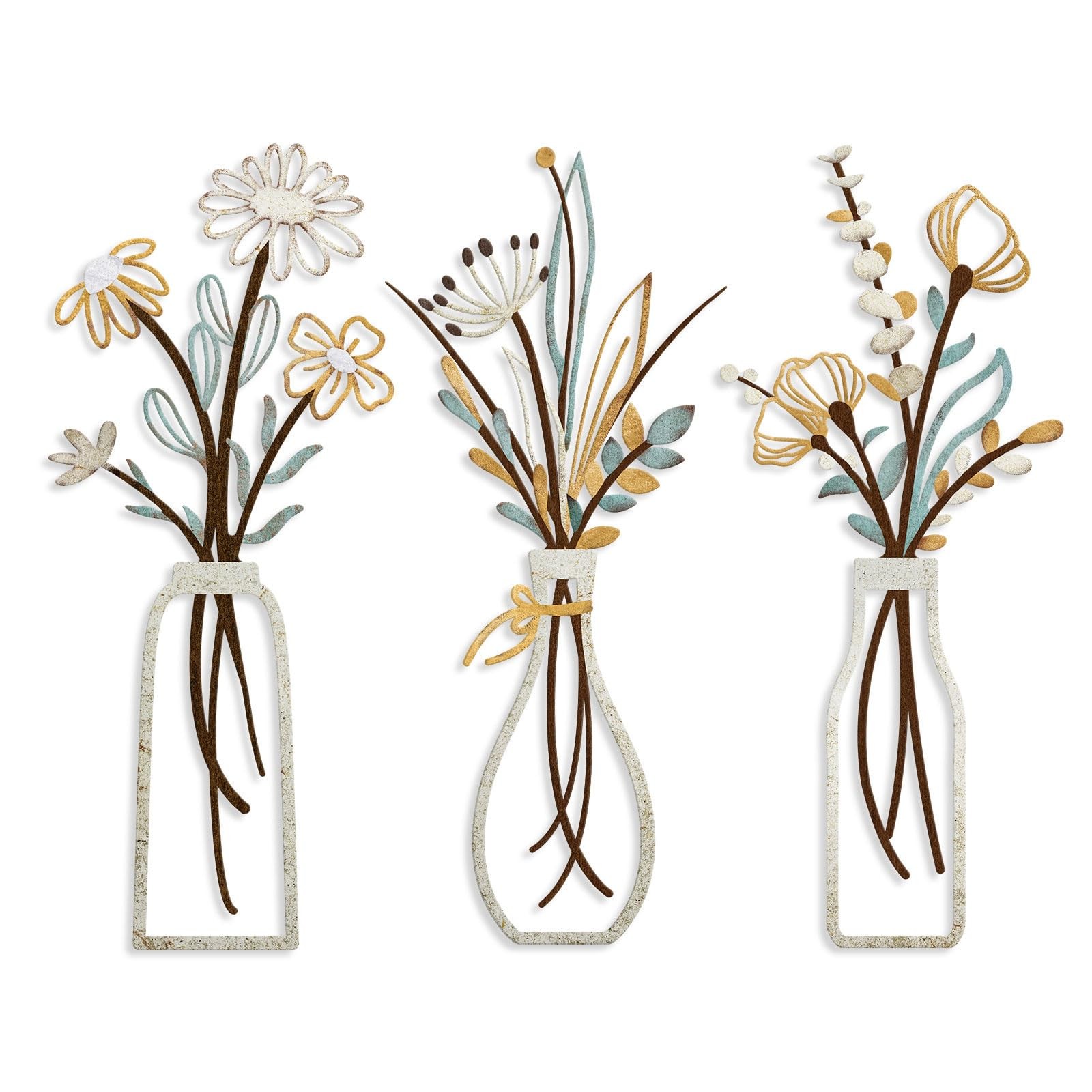 Metal Flowers Wall Art 3 Pieces Beige Rustic Farmhouse Vase-C Decor