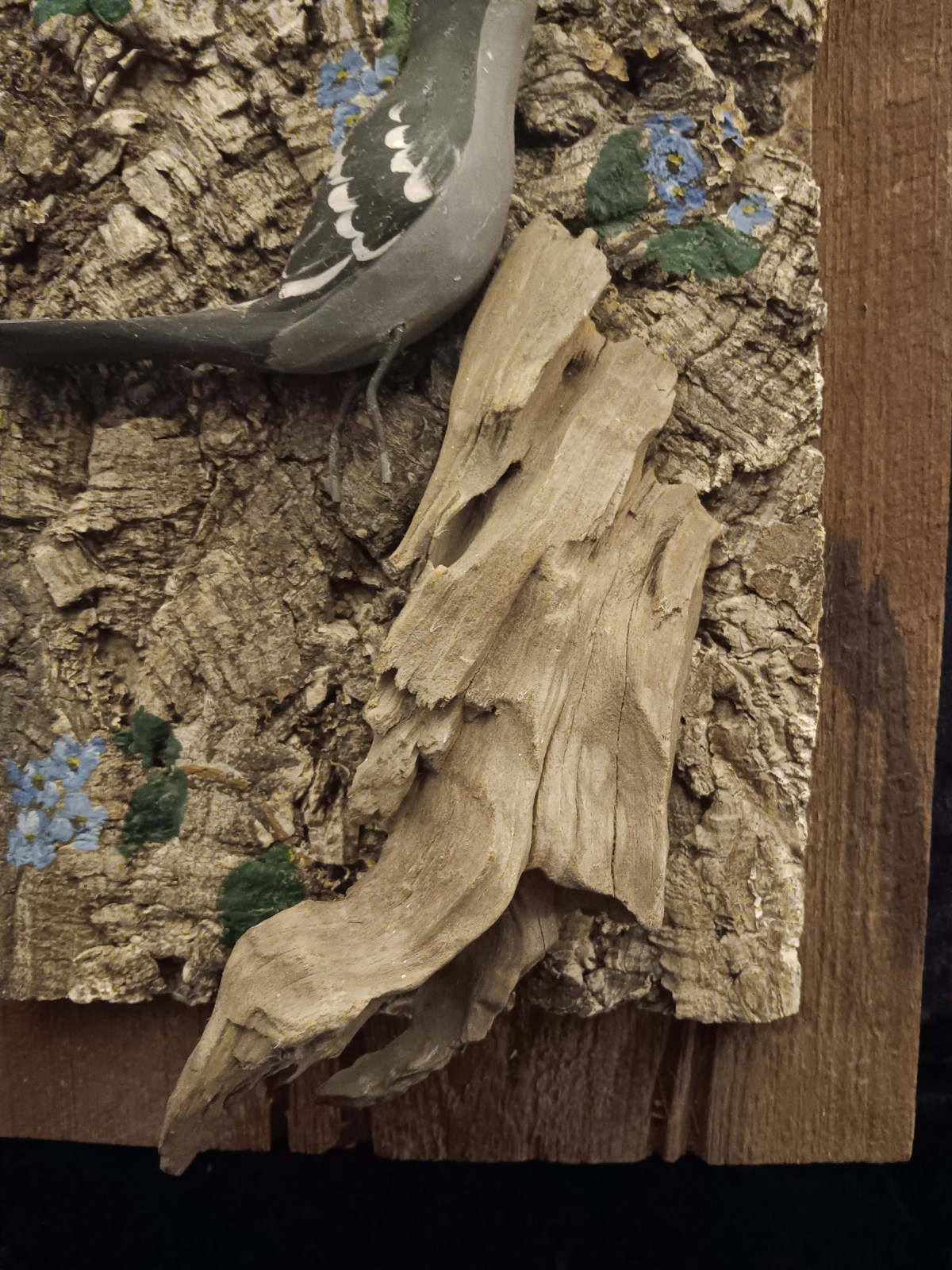 Handmade Gray Mockingbird Tree Bark Rustic Drift Wooden Wall Art Painted Flowers