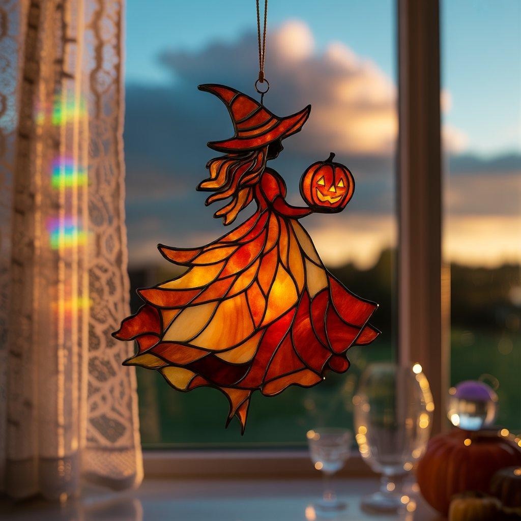 Witch Black Cat Suncatcher – Crescent Moon Gothic Halloween Decor