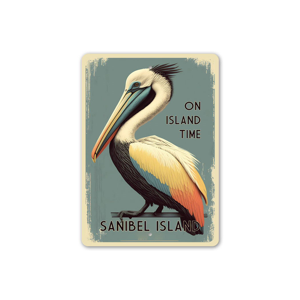 Pelican On Island Time Metal Sign