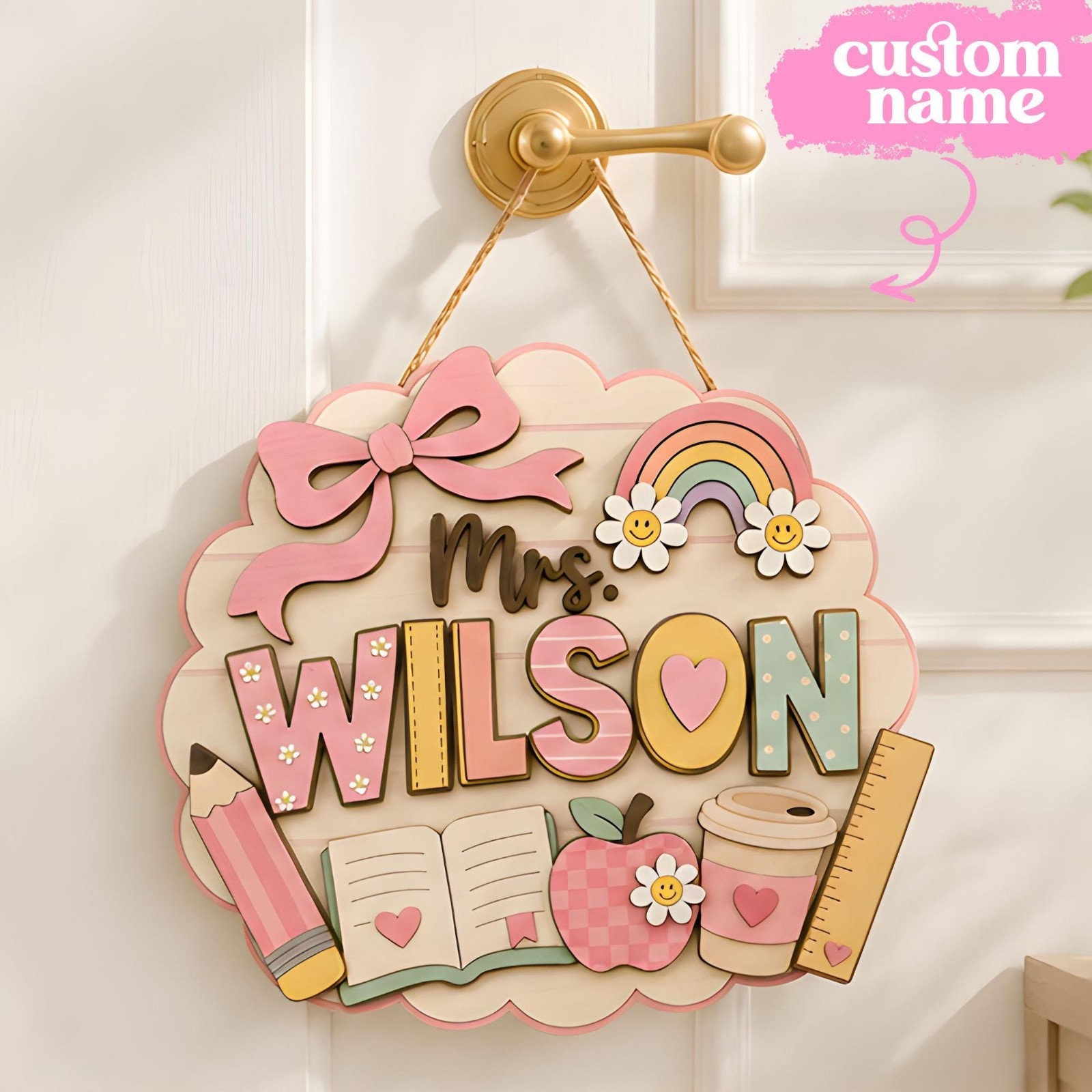 Personalized Wooden Teacher Name Sign:Pastel Classroom Decor, Back To School Art