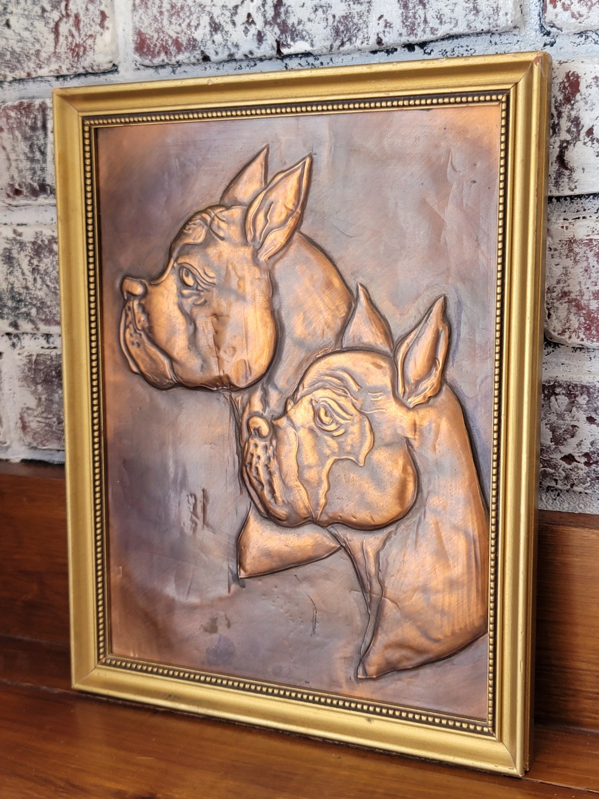 VTG Embossed COPPER Relief BOXER Dog Pair PORTRAIT Framed WALL FOLK ART 10×12
