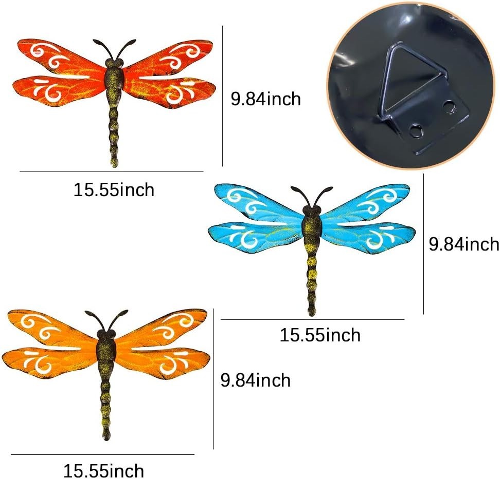 Metal Dragonfly Wall Decor 3 Pack Outdoor Garden Fence Art Hanging Decorations