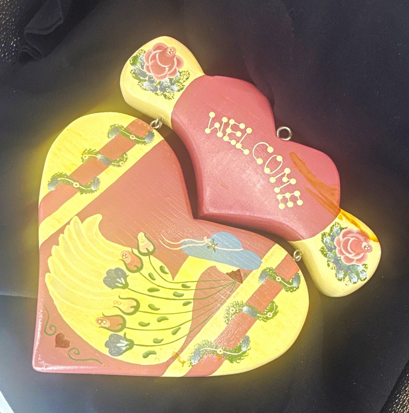 Hand Painted Wood Heart Welcome Plaque Hanging Wall Mount Floral Pink Beige