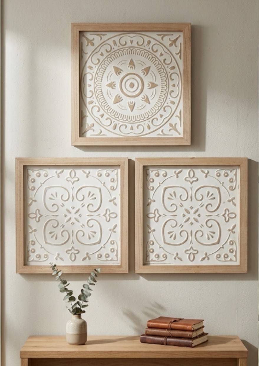 Farmhouse Distressed White Medallion Wall Art Gallery Set 3 Square Wood Panels