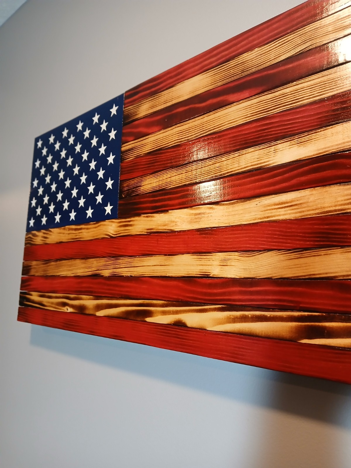 RUSTIC WOODEN AMERICAN FLAG HANDCRAFTED BURNT 25″ x 13.5″ 50 STARS IN STOCK