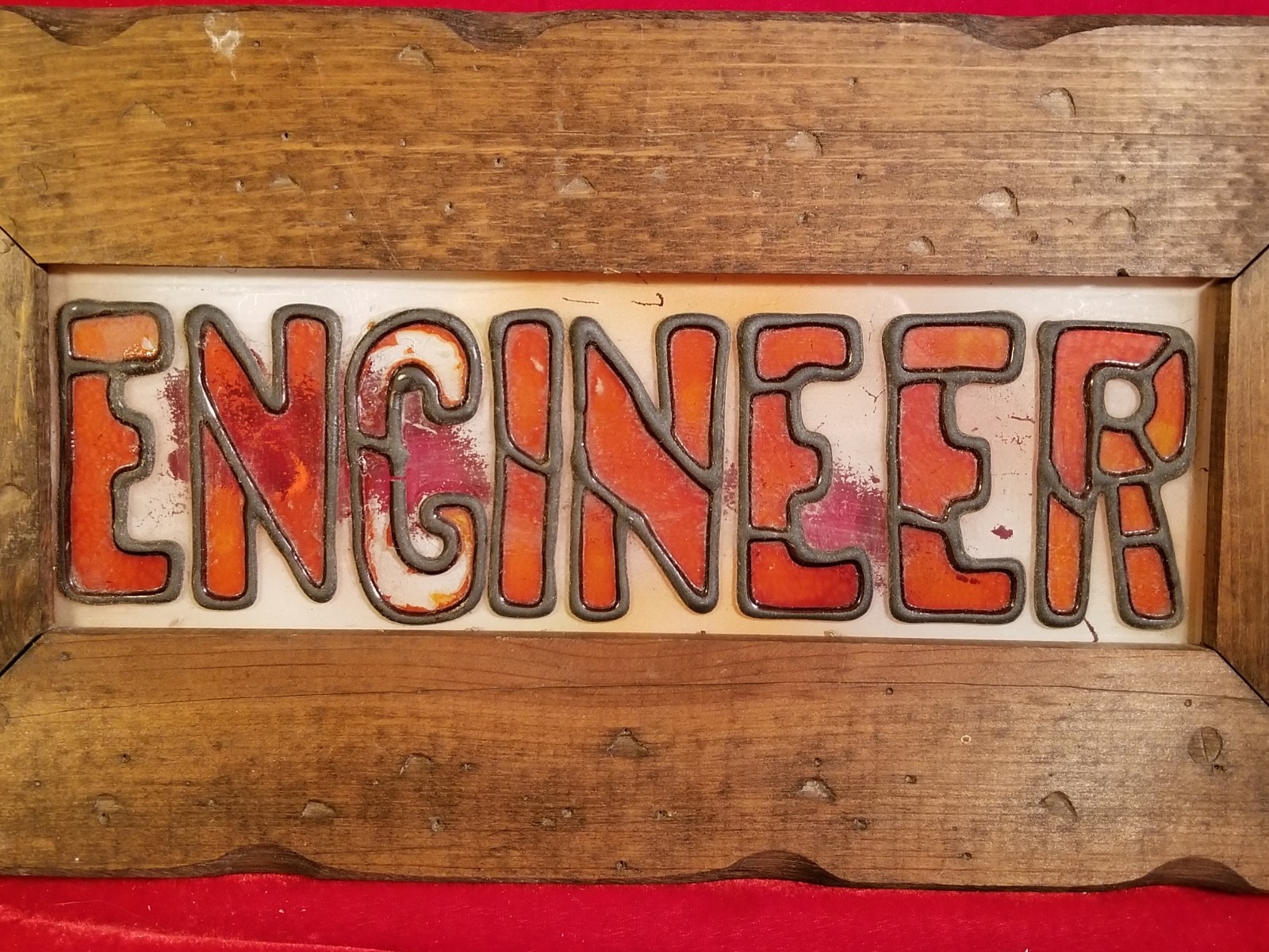 Vintage ENGINEER SIGN STAINED GLASS WOOD FRAME Hanging on wall 8×16″ Engineering