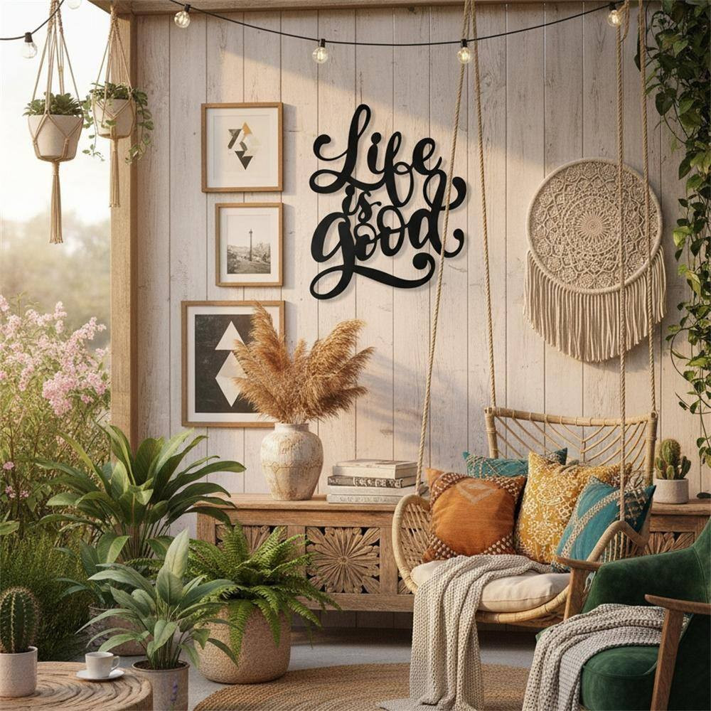 11.8 In. X 9.6 In. Black Metal Wall Art Life Is Good Wall Sign