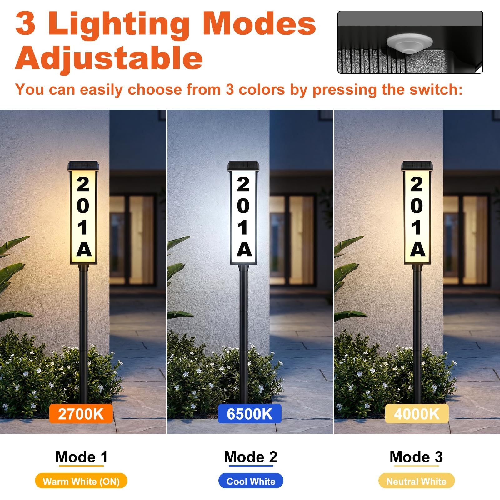 Solar Address Sign with Stake – Waterproof LED House Number Plaque, 3-Color Illu