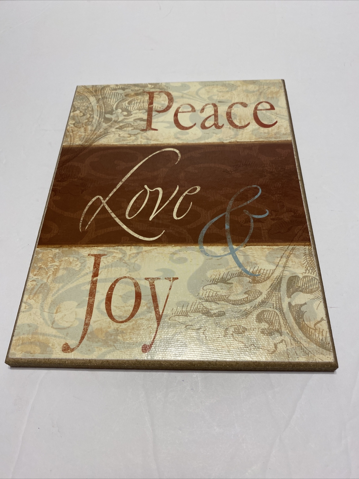 Peace Love Joy Wooden Sign – Wall Plaque Brown Beige Blue