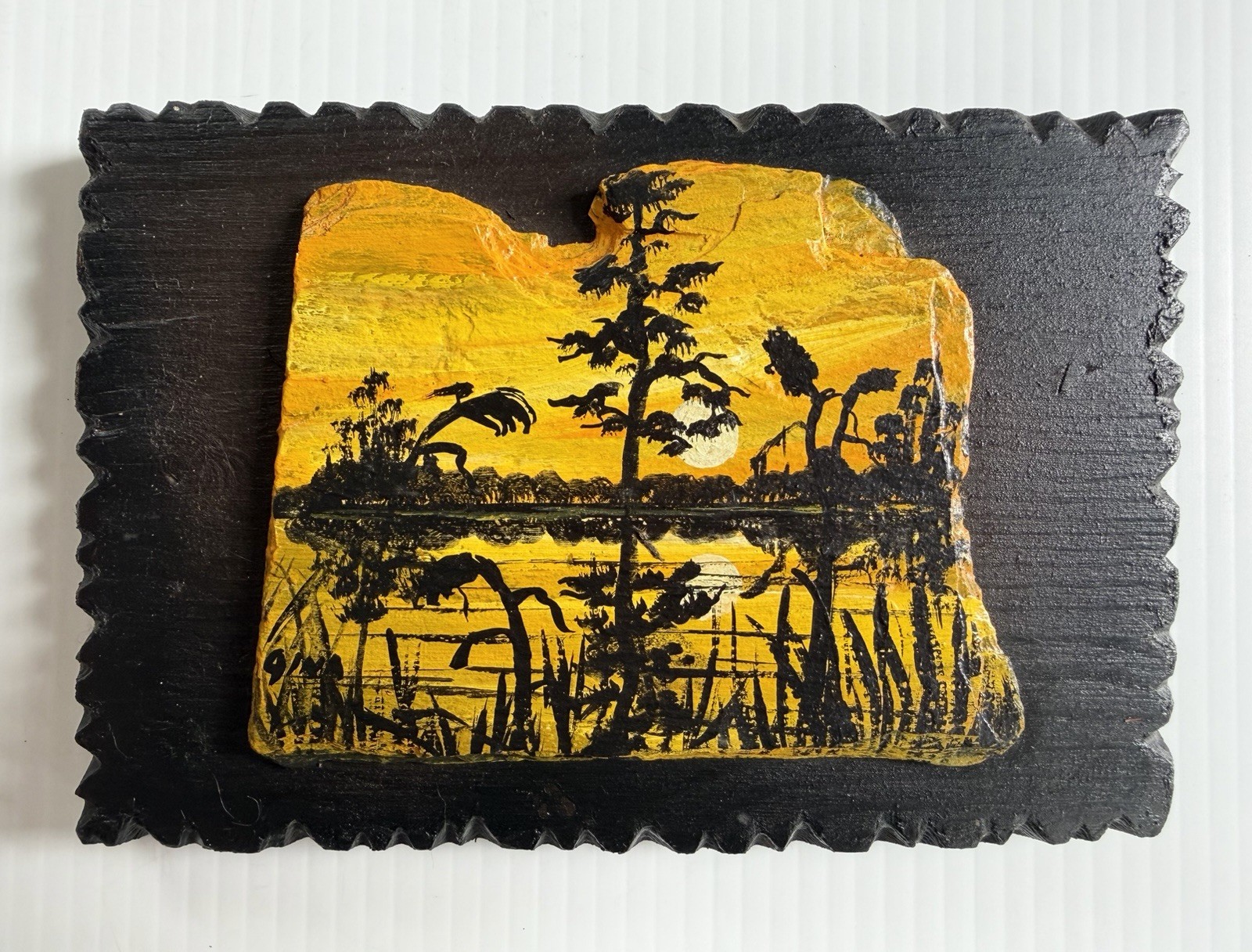 Vtg Hand Painted Slate Picture On Wood, Sunset Swamp Lake Scene Hanging Wall Art