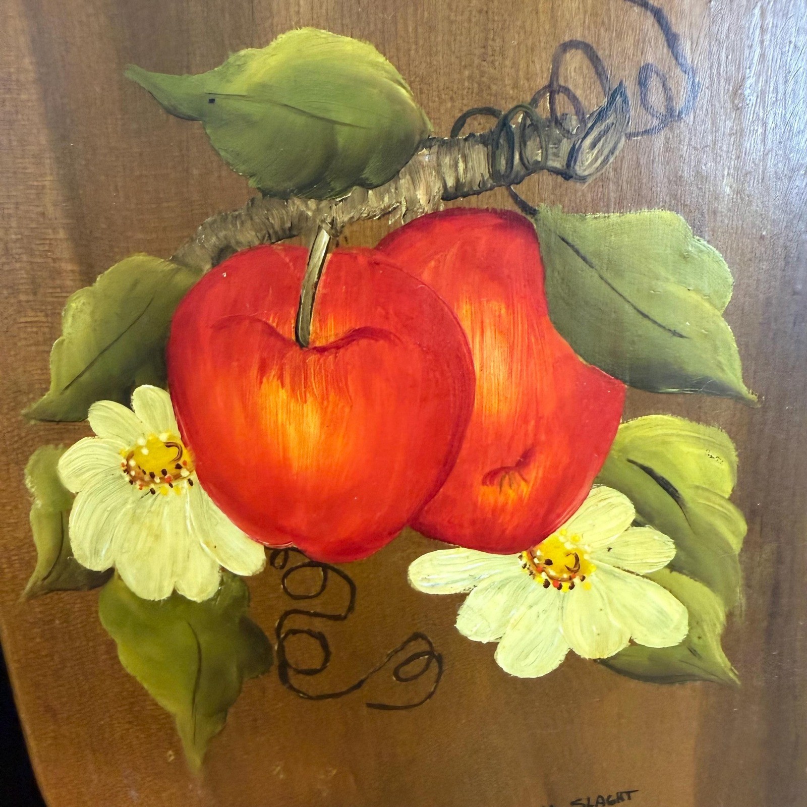 Hand Painted Apple Cutting Board Wall Decor Signed 1975 Wooden Vintage Farmhouse