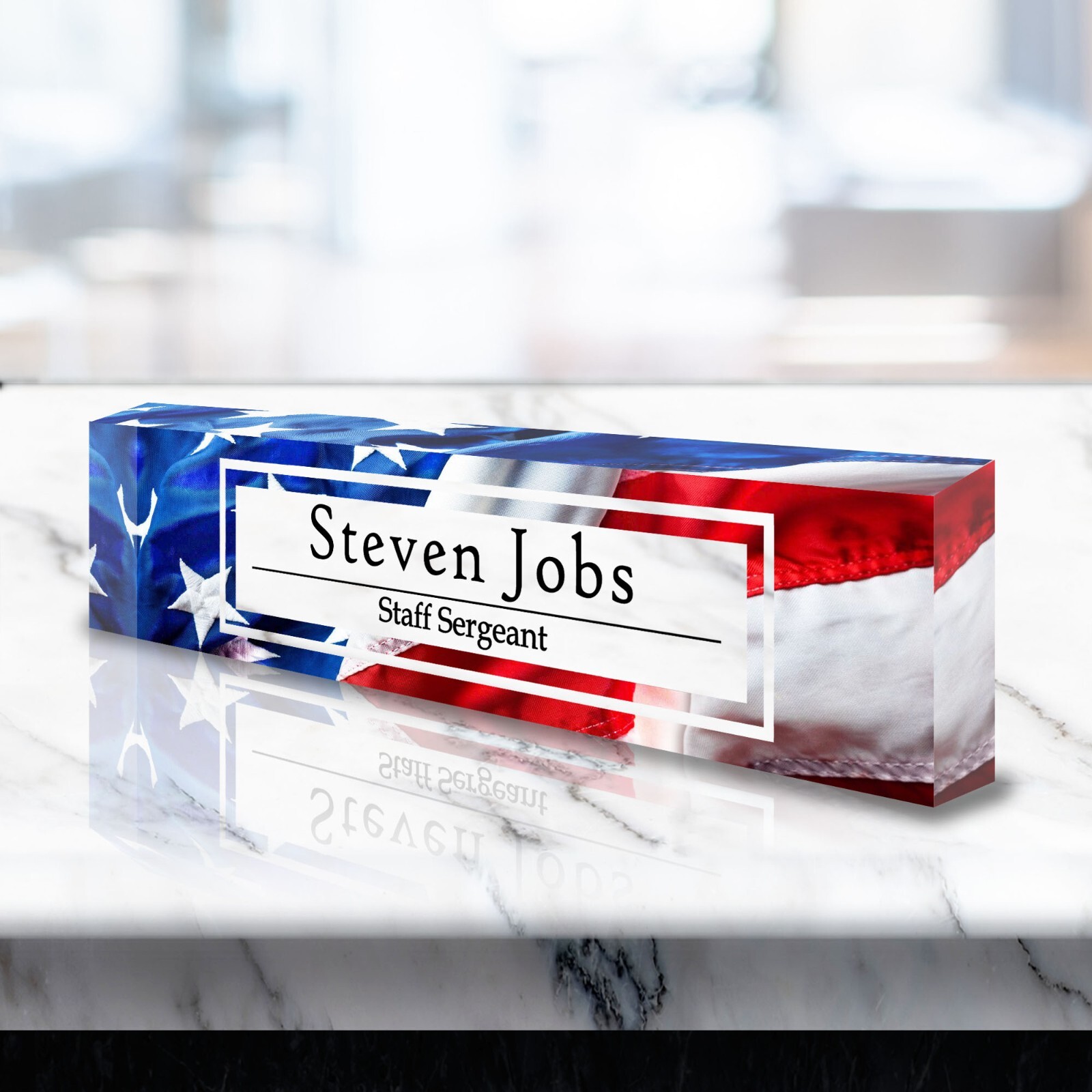Personalized Name Plate for Desk USA Flag Patriotic Clear Acrylic Plaque ACS72