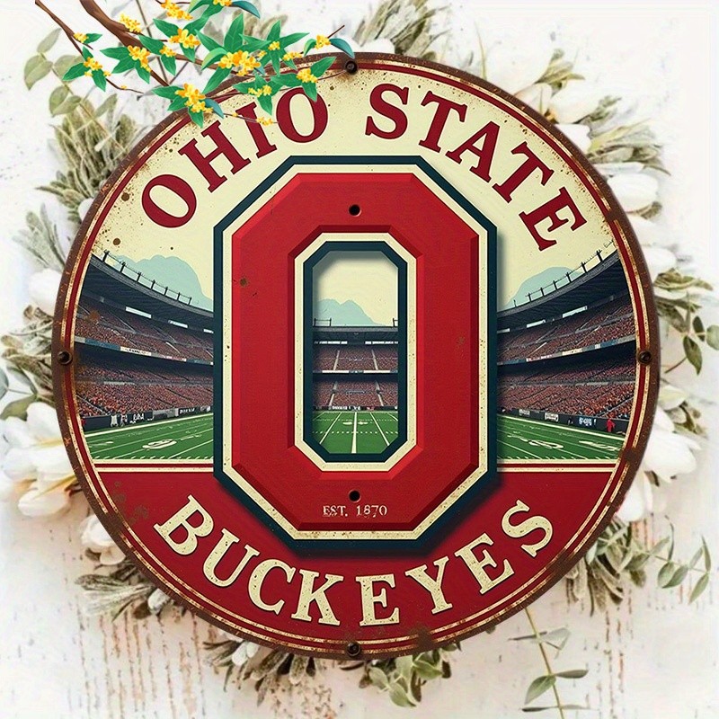 [2D Flat] 1pc Room Decoration, Tin Metal Signs Ohio State Buckeyes Theme, Round