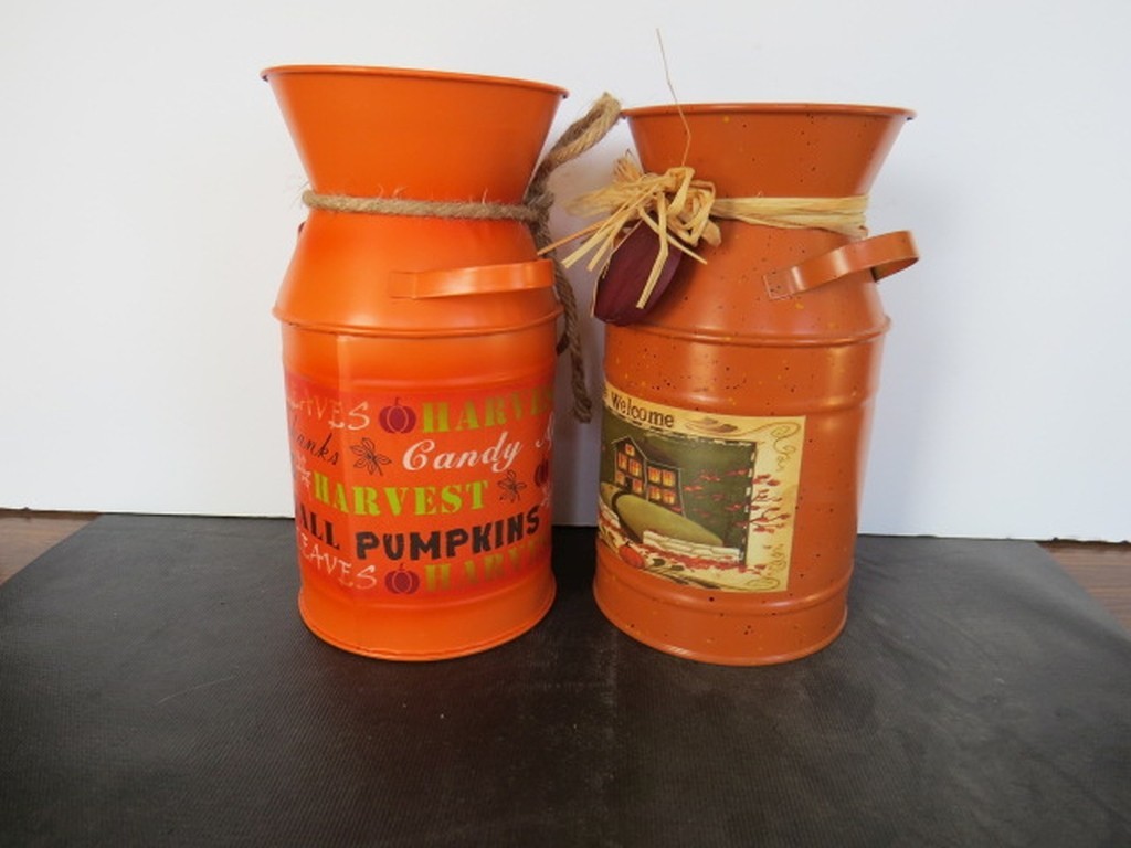 Tin Metal Milk Cans: Fall Autum Harvest Pumpkin Thanksgiving Decor 7-1/2″ /19cm