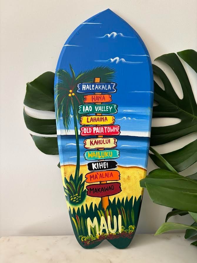 Hawaiian Hand Made 20″ Carved Wooden Surfboard Airbrush Beach Maui Sign Map