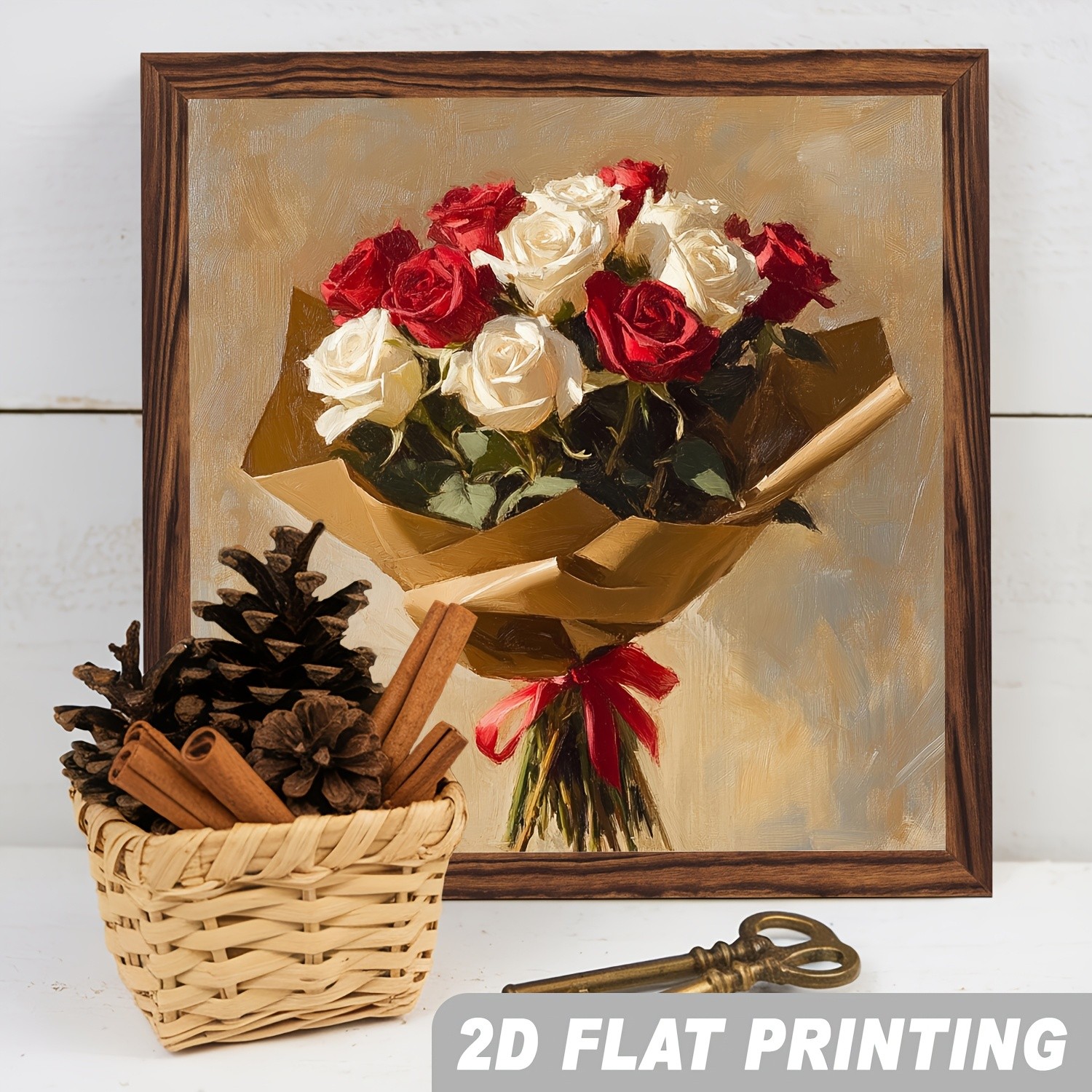 Vintage Romantic Red White Rose Bouquet Oil Painting Wooden Sign For Decor
