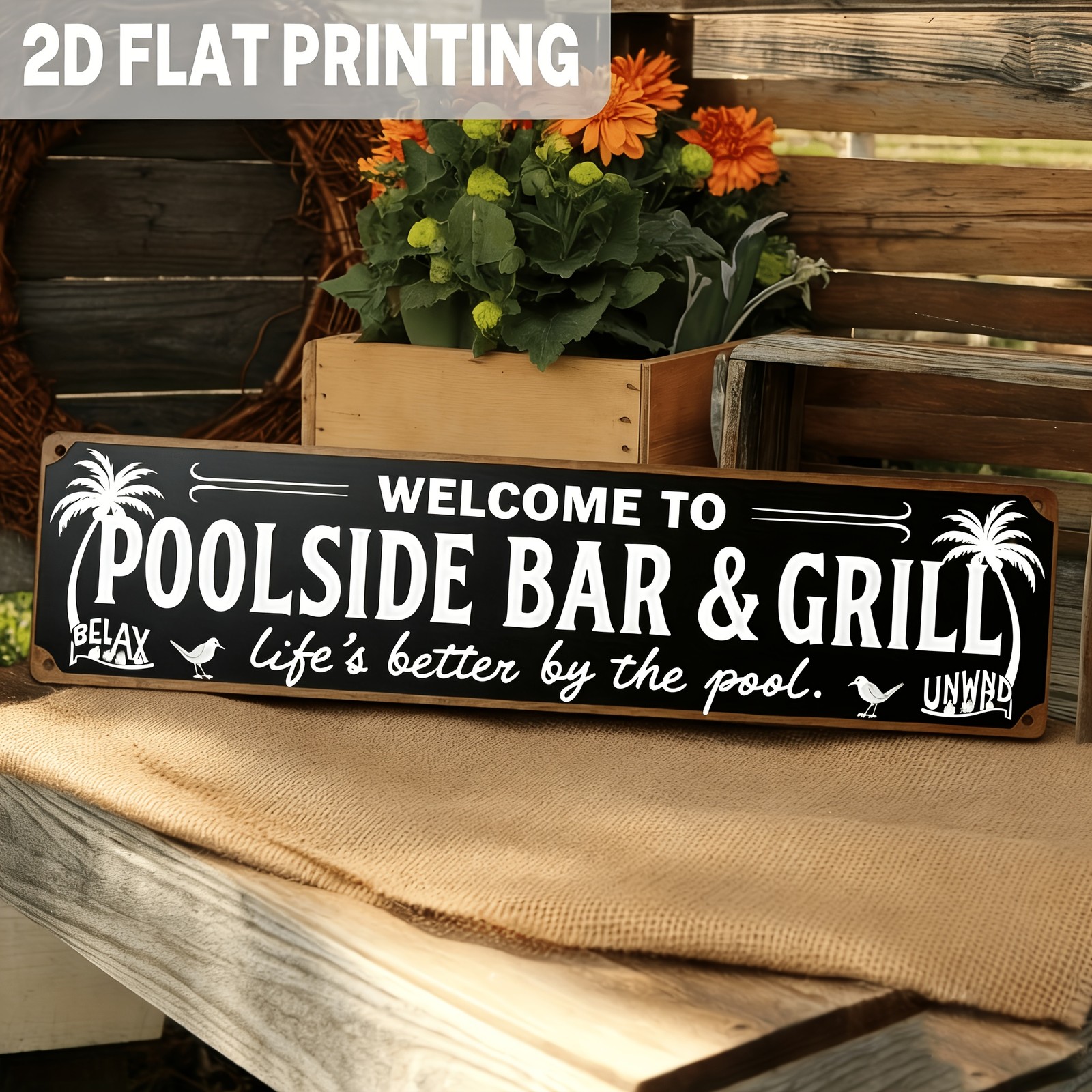 Rustic Poolside Bar BBQ Metal Sign Tropical Palm Trees 3.93×15.74in