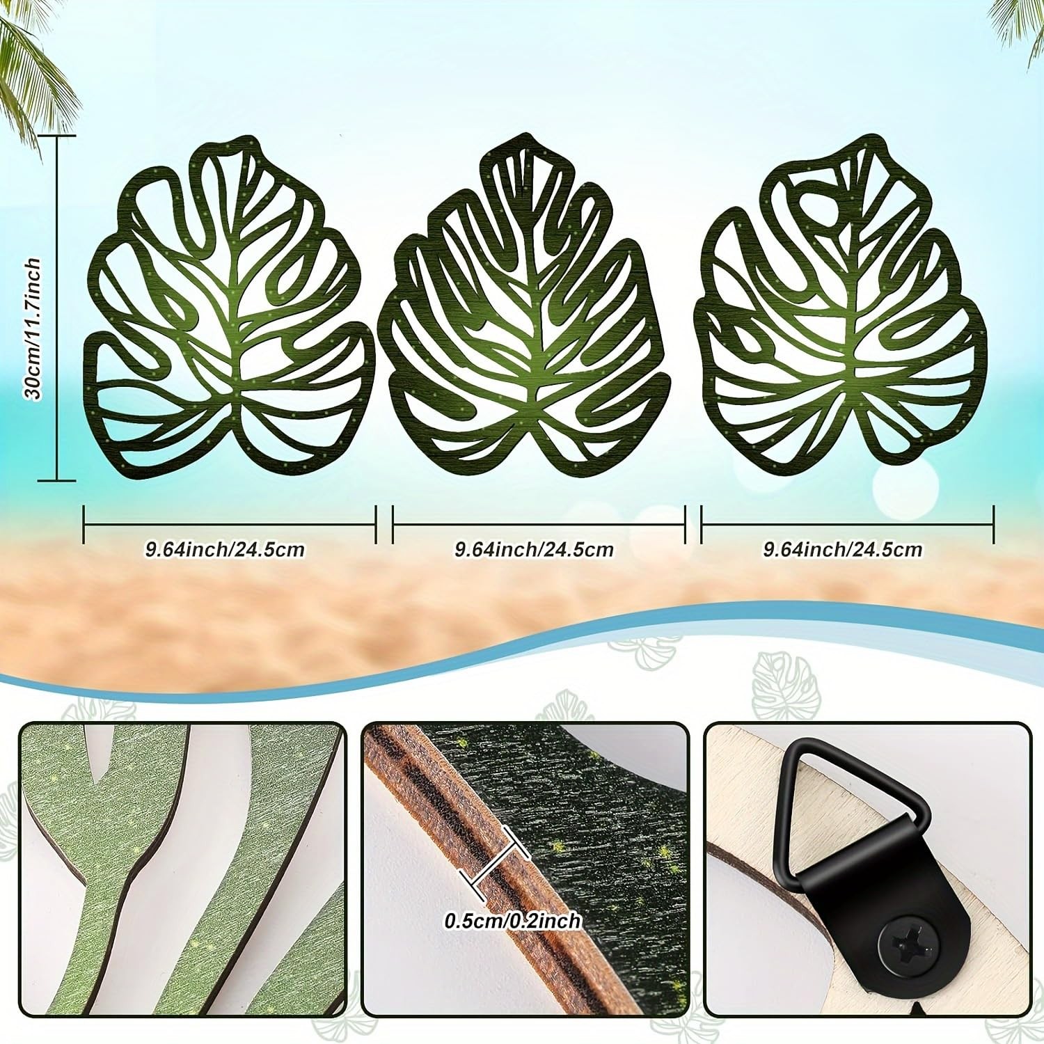 Jungal Wall Decor, 3Pcs Wooden Palm Leaves, Vintage Plant Art, Green