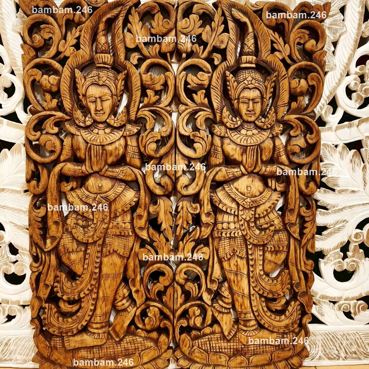 Set of 2 Thai Teak Wood Carved Wall Art Panel Thepphanom Angel Home Decor Spirit