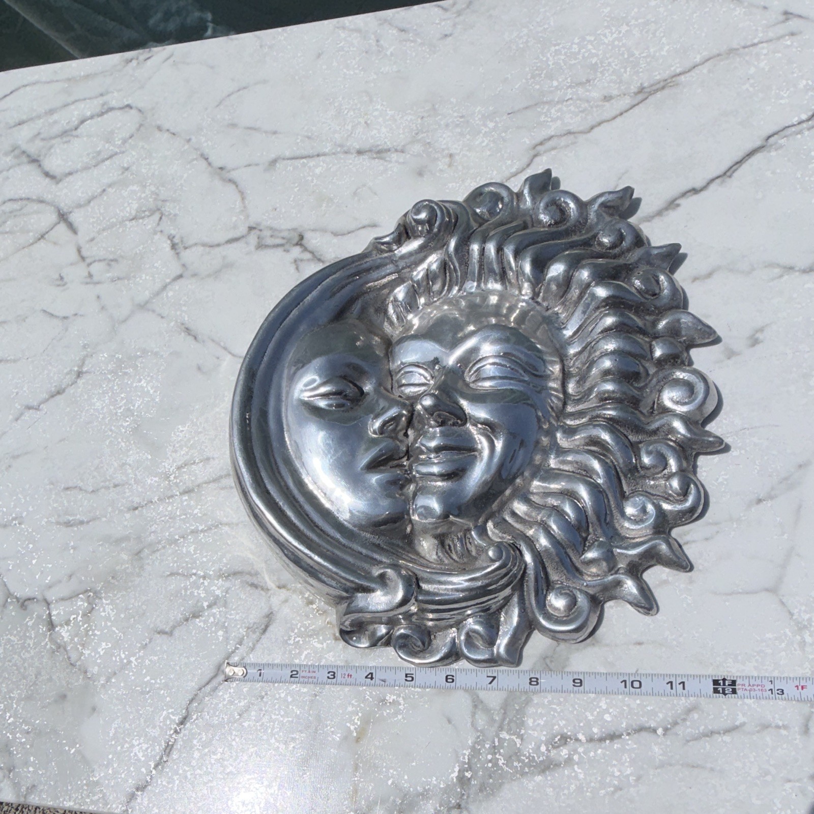 Silver pewter Sun & Moon Face Wall Plaque, Round Decorative Wall Mounted 10in
