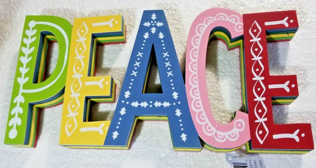 PEACE Free Standing Decor Sign Multi-Color Wood Artsy Eclectic Multicolor New
