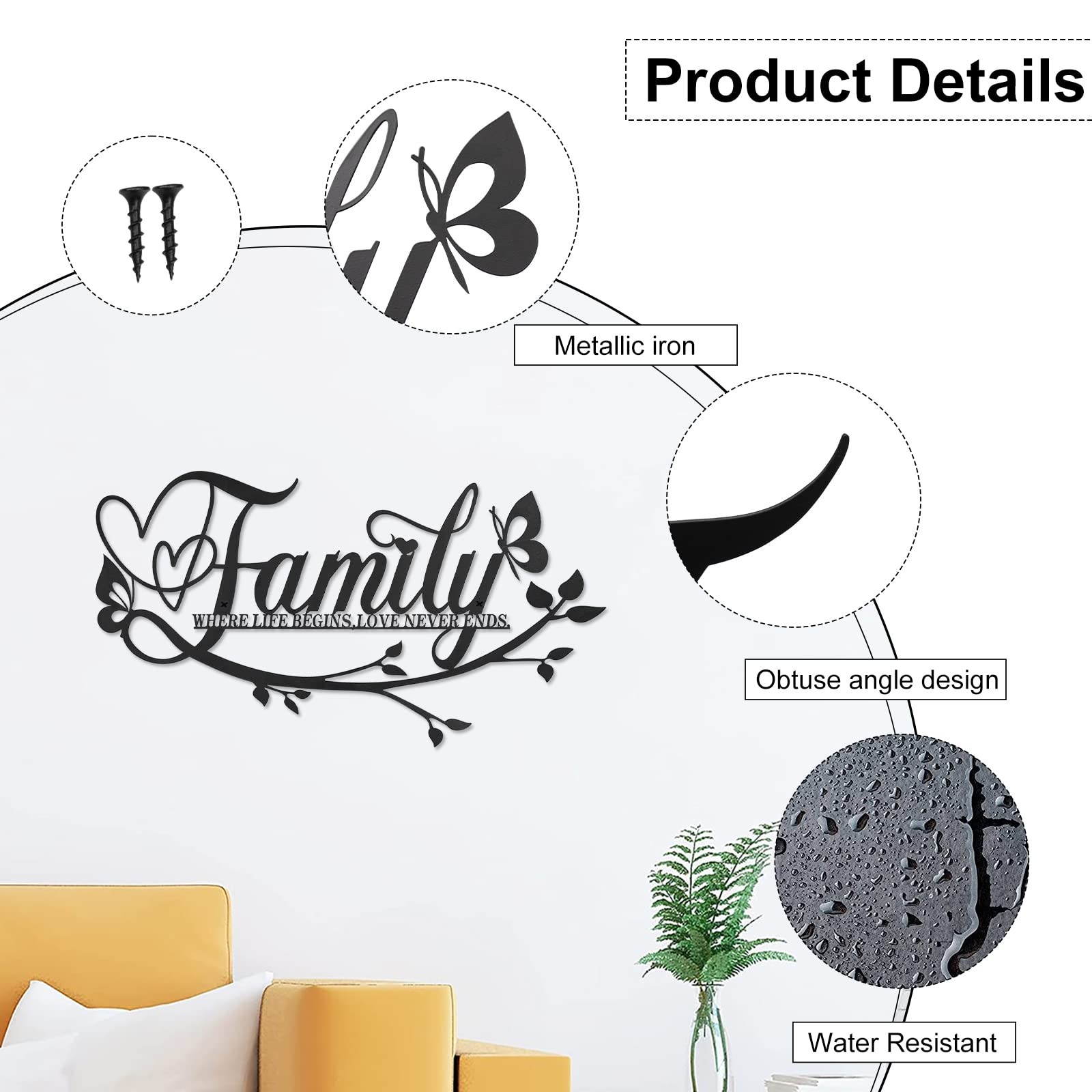Family Where Life Begins Love Never Ends Word Sign Metal Wall Decor, Black Ho…
