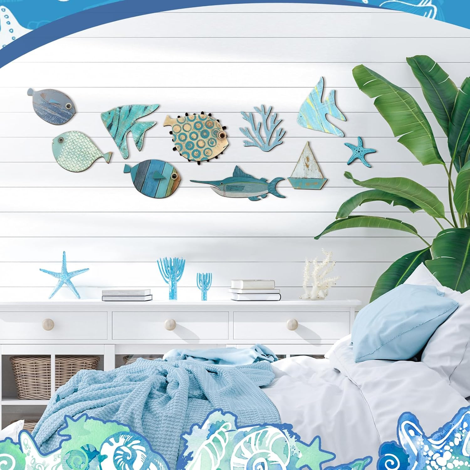 10 Pcs Fish Wall Decor Wood School of Fish Wall Decor Beach Theme