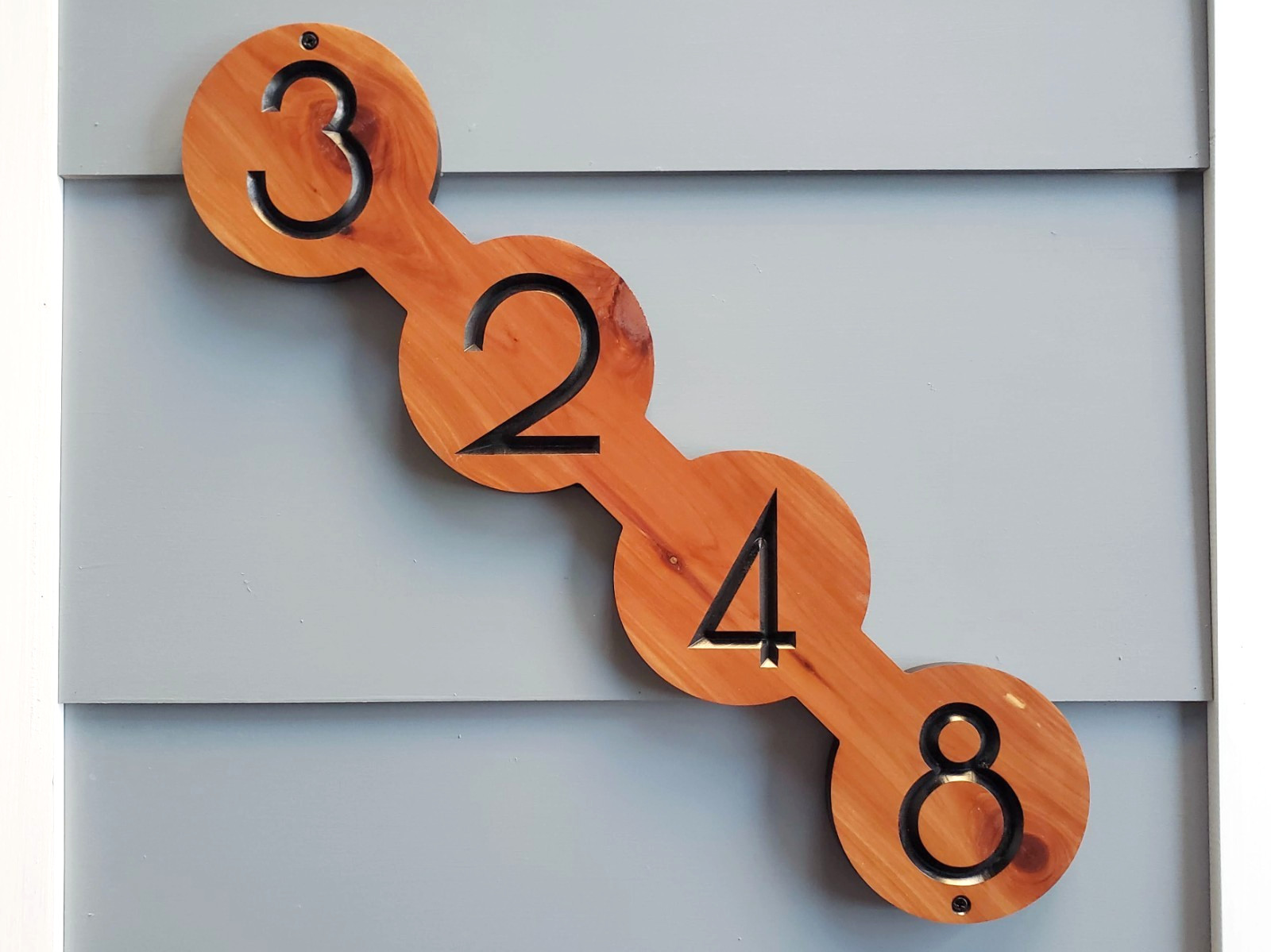 House Sign Modern Home Address Street Number Plaque Diagonal MCM Circles Wood