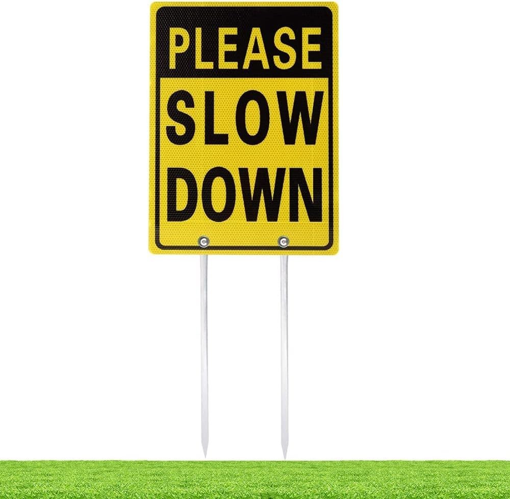 Weather Resistant Aluminum Slow Down Sign – 28 Inch High for Visibility