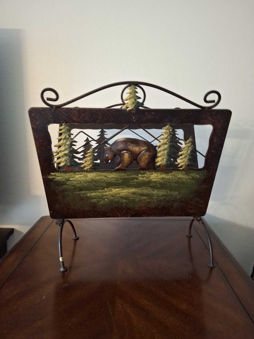 Firewood Carrier Holder Magazine Metal Silhouette Cut Out Bear Trees Cabin Woods