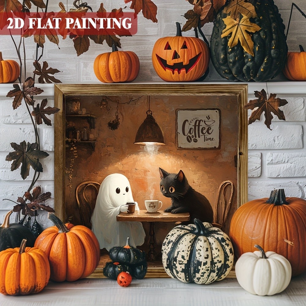 Halloween Ghost Black Cat Coffee Fall Maple Wooden Sign Farmhouse Home Decor